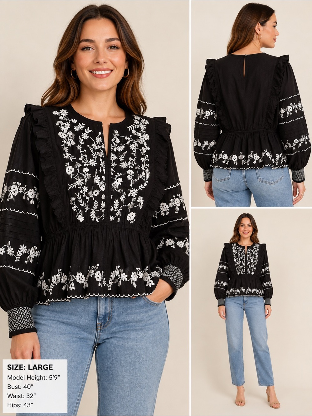 Calypso St Barth Embroidered Ruffled Black Peasant Top White Floral Detail L